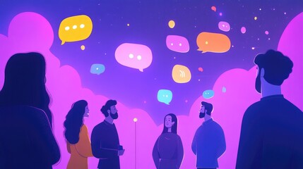 Obraz premium Colorful Illustration of Speech Bubbles in Night Sky