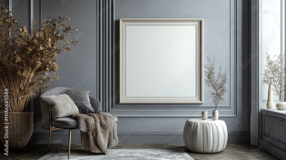 Poster chic hallway with an empty frame on a side table