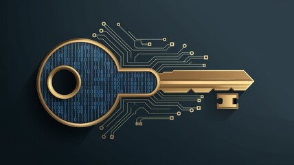 Abstract illustration of a digital key with binary code and circuit lines, symbolizing access control, encryption, and data security.