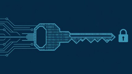 Abstract illustration of a digital key with binary code and circuit lines, symbolizing access control, encryption, and data security.