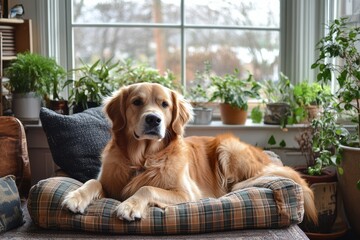 cozy home pet scene, a fluffy golden retriever relaxes on a cozy plaid bed in a sunlit living room with vintage dcor and garden view