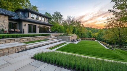 Elegant Modern House Surrounded by Lush Greenery at Sunset