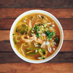 A bowl of flavourful Chicken Thukpa, a traditional Himalayan noodle soup. Ideal for food blogs, recipe websites, restaurant menus, social media posts, and cookbooks.