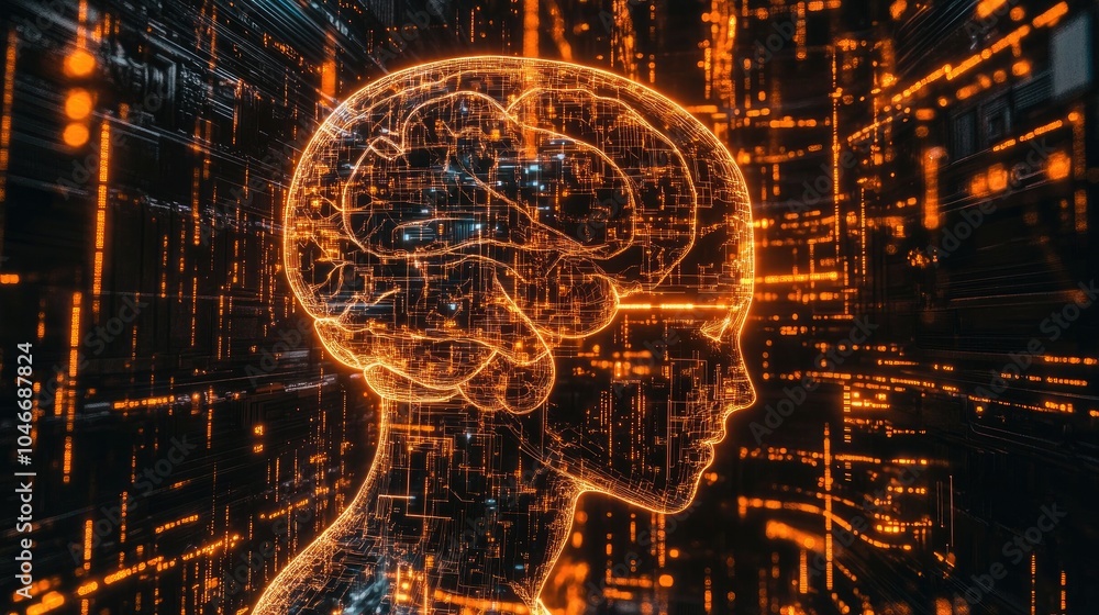 Poster futuristic ai brain with glowing code visualization