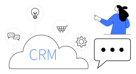 Cloud with CRM text and icons representing communication, lightbulb, shopping cart, and gear. Stylized person pointing. Ideal for business, customer relationship management, technology