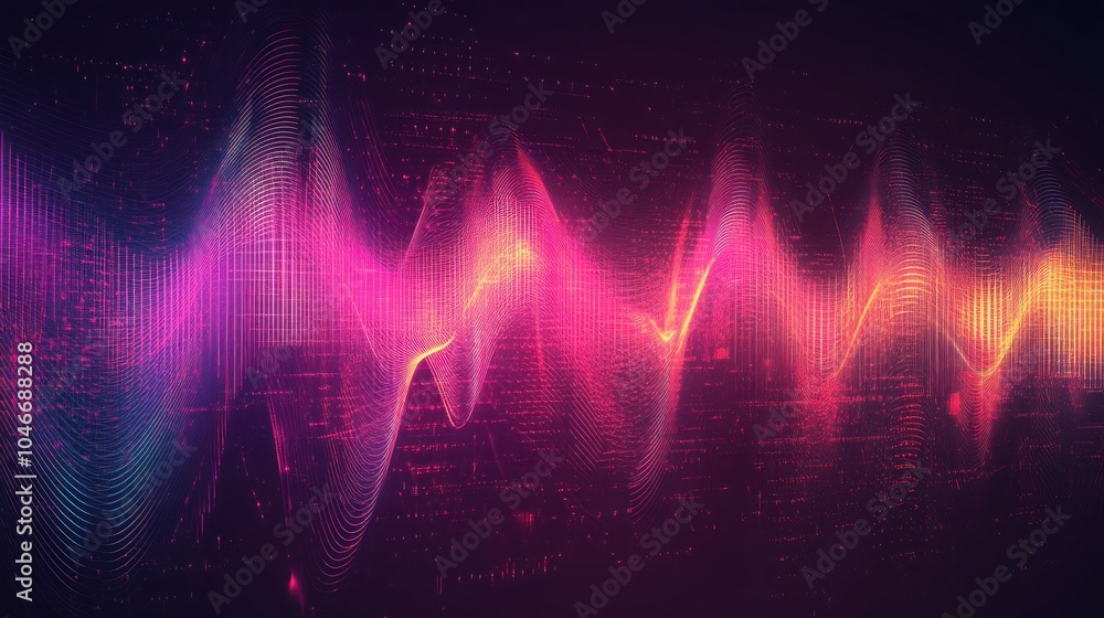 Poster Abstract visualization of sound waves with vibrant colors and digital elements.