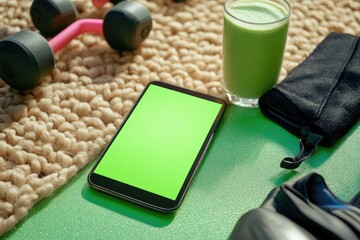 Phone with green screen beside a smoothie and workout gear on a fitness mat