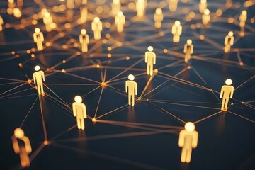 A network of human figures interconnected by strings, symbolizing social connections, teamwork, and community. Ideal for illustrating themes of networking, collaboration, and human interaction.