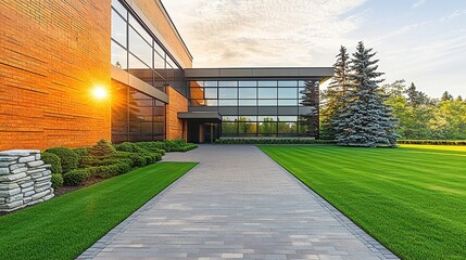 Naklejka premium Modern Office Building with Brick Facade and Sunset Reflection