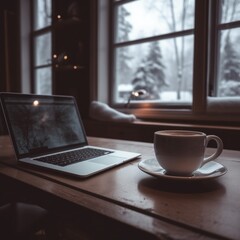 Winter workspace with laptop and coffee near window view