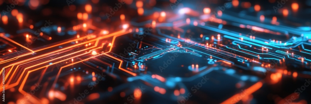 Poster abstract close-up of a circuit board with glowing red and blue lines.
