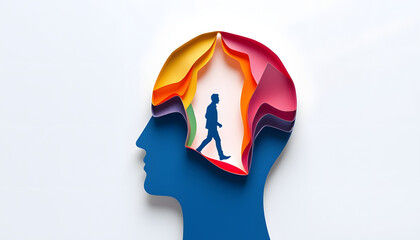 Realistic paper cut layered human head with man walking inside. Colorful papercut man silhouette on isolated background for mental health, imagination or psychology disorder concept isolated with wh