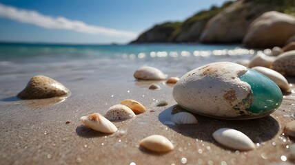 Nature landscape , Scenic Coastal View: Stunning Beach with Rocks and Serene Island Landscape