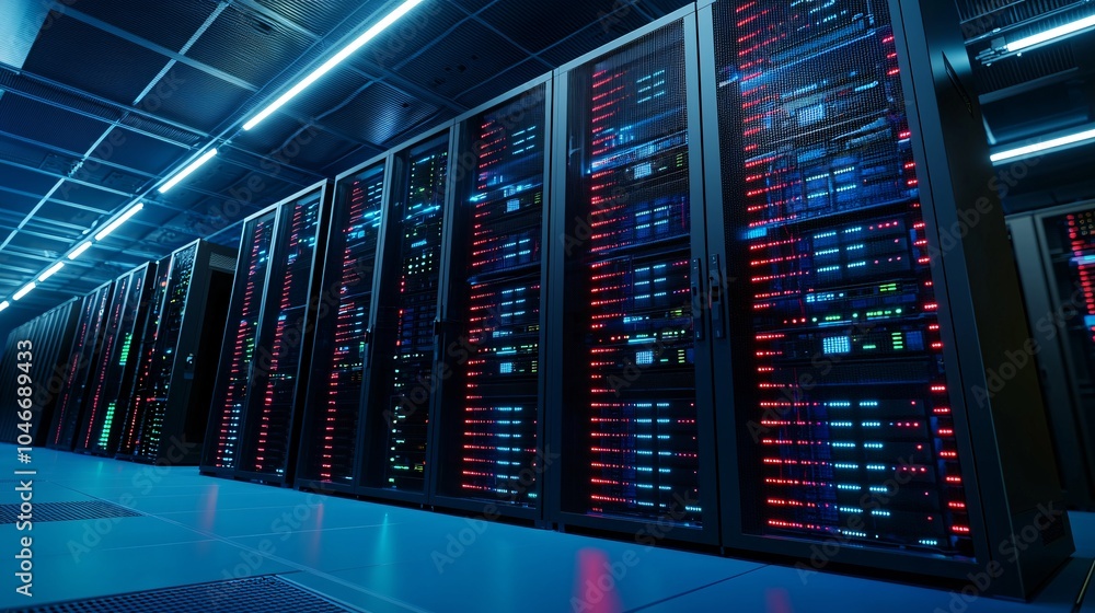 Poster futuristic supercomputer with neon blue aesthetics - holographic coding and cyber systems in a high-