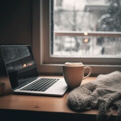 Cozy winter workspace with laptop and coffee mug