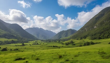 Obraz premium Lush Green Valley Surrounded by Mountains,