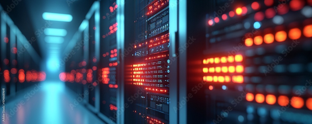 Poster futuristic supercomputer with glowing pathways - hyper-connected quantum facility featuring advanced