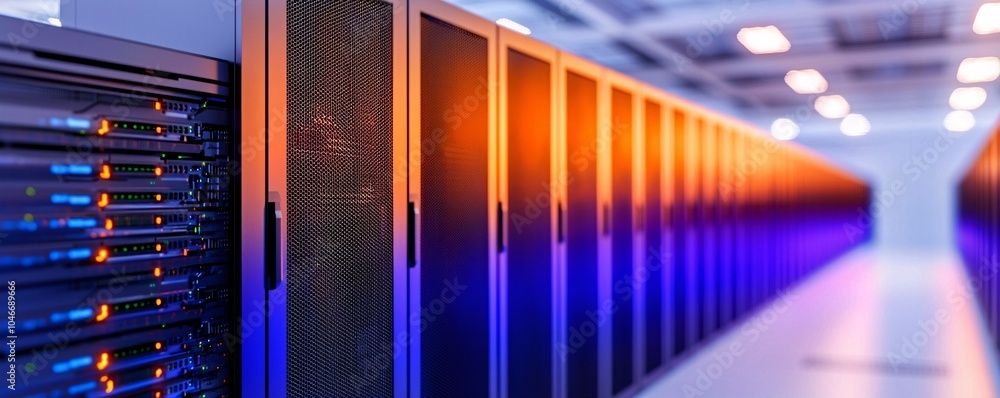 Poster futuristic supercomputer facility with glowing pathways - hyper-connected quantum depths and ai clou
