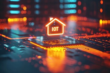 A glowing holographic a smart home with "IoT" displayed prominently, set on a futuristic circuit board background. Ideal for themes of modern technology, smart homes, and digital networks.