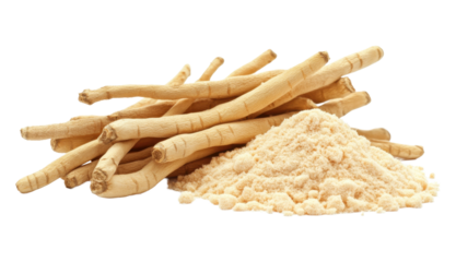 Ashwagandha, Indian ginseng, Withania Somnifera powder and roots isolated on transparent background PNG