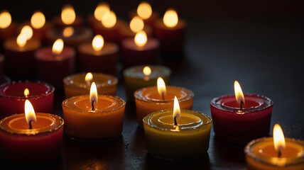 Cozy atmosphere of burning candles, Lighting candles in honor of Diwali 