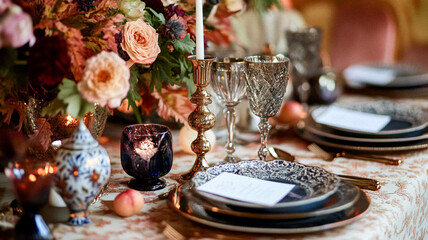 Naklejka premium Dining room decor, interior design and autumn holiday celebration, elegant autumnal table decoration with candles and flowers, home decor, wedding and country cottage style idea