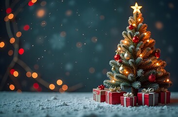 A beautifully decorated Christmas tree stands adorned with lights and ornaments, surrounded by neatly wrapped gifts, creating a cozy festive atmosphere in winter