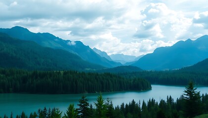Mountain Lake and Forest Landscape,