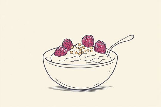 bowl of oatmeal with raspberries and spoon clip art preview