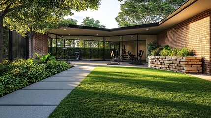 Naklejka premium Modern Outdoor Fitness Pavilion with Scenic Garden View