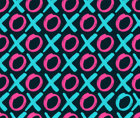 Seamless pattern pink and turquoise hugs and kisses abbreviation. Brush stroke Xoxo black background. Template love relationship Valentines Day design. Vector holidays element illustration.