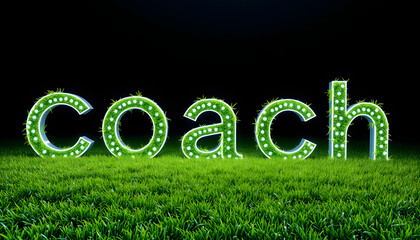 Coach word is on green grass for soccer with white shades, png
