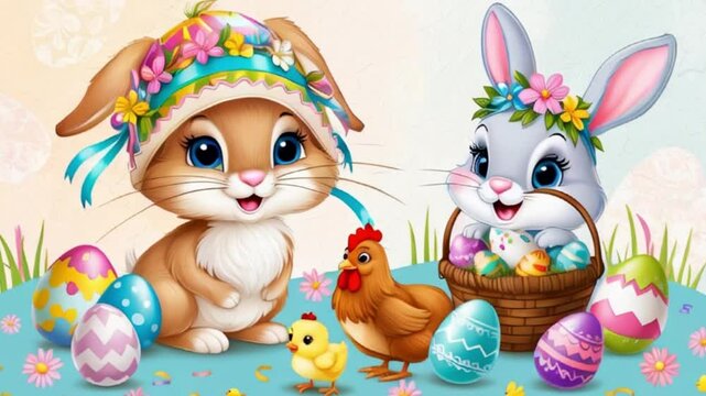 easter bunny animation with cat and hen