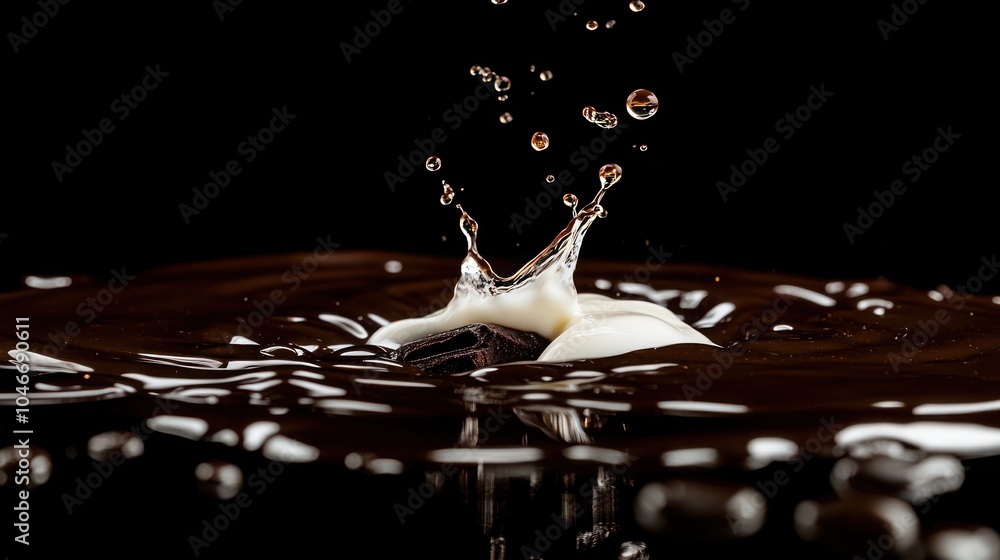 Poster a single drop of milk creates a splash and crown of foam as it falls into a pool of dark coffee.
