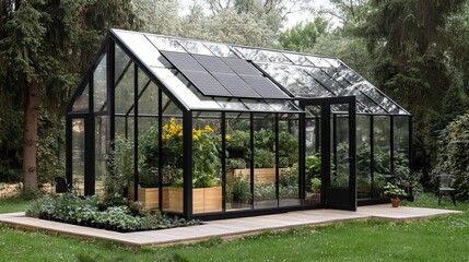 Solar Glass Greenhouse:Modern Green Architecture,High-Tech Farming,Future of Farming.Concept of sustainable agriculture, renewable energy, self-sufficiency, modern farming, eco-friendly living.