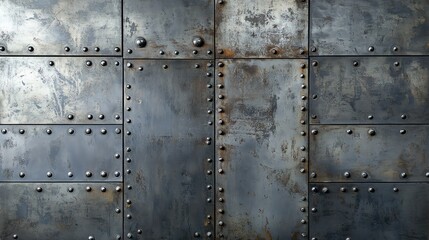 Texture of a vintage metal wall with rivets and patina effect, perfect for backgrounds or industrial themes.