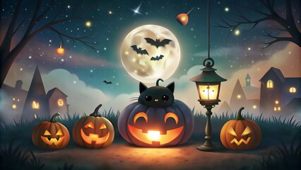 cute poster for a halloween with black cat and pumpkins background