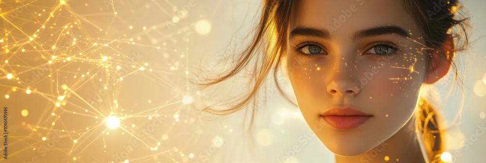 Poster a young woman gazes confidently with a glowing data flow and network link backdrop, embodying modern