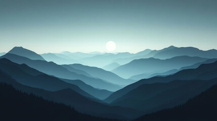 Obraz premium Stunning mountain landscape with layered peaks under a serene sunset sky, evoking tranquility and natural beauty.