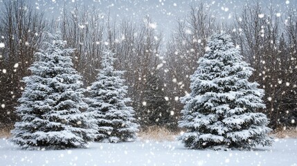Fototapeta premium Snow-covered evergreen trees in a winter landscape with falling snowflakes and a serene atmosphere.