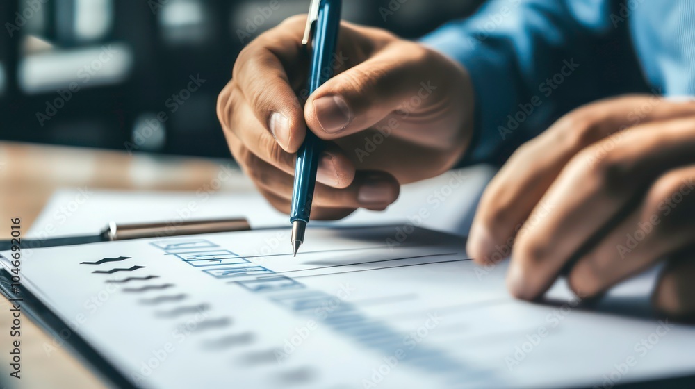 Poster close-up of a hand filling out a form with a pen.