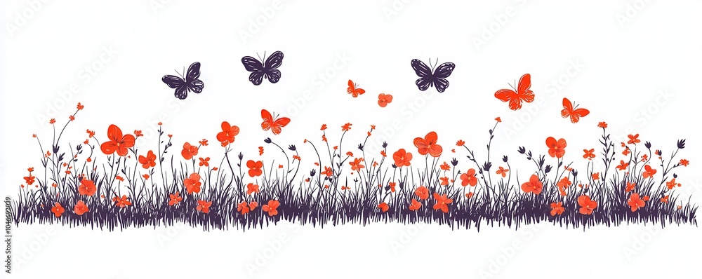 Sticker Butterflies and Flowers in Meadow.