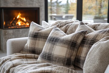 cozy autumn living, plush blankets, cozy pillows, and a crackling fireplace create a perfect autumn ambiance for a relaxing evening