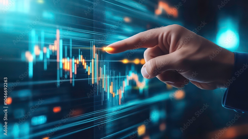 Leinwandbilder a hand points at a stock market chart on a computer screen, analyzing the data.
