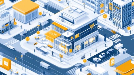 Obraz premium An isometric view of a city with buildings, streets, and people.