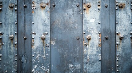 Fototapeta premium Rusty, weathered metal wall with rivets and patches, perfect for industrial or urban themes.