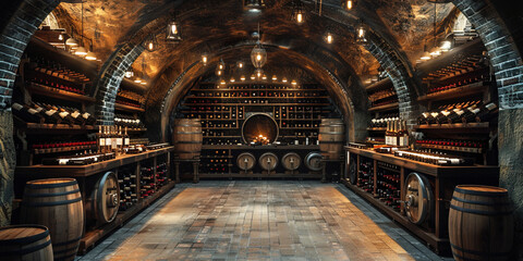 Obraz premium Winery shop window, old barrels, dusty bottles of vintage wine, vintage cellar assortment.