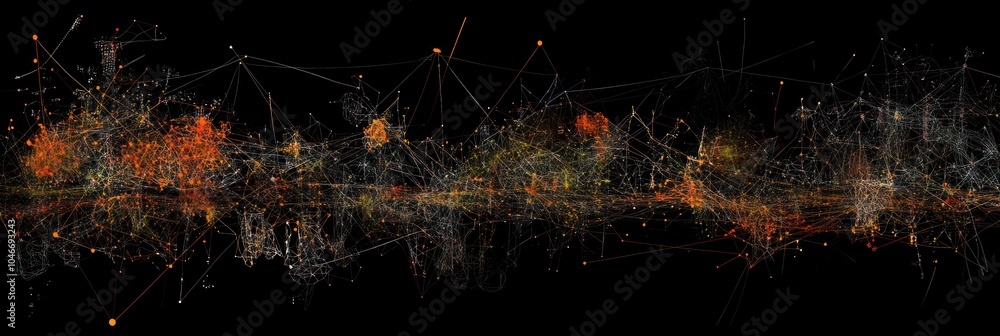 Poster abstract digital art with glowing particles and lines forming a network on a black background.