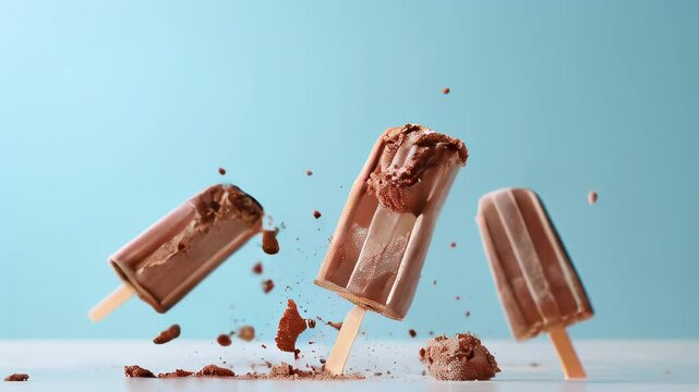Chocolate ice cream popsicles falling onto a light blue background with crumbs scattering around them