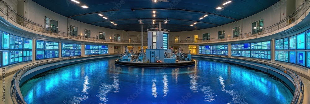 Poster circular control room with a large pool in the center and many screens on the walls.